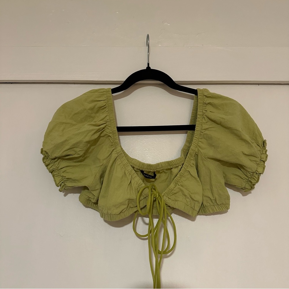 Shein Crop Cap Sleeve Tie Front Green Top